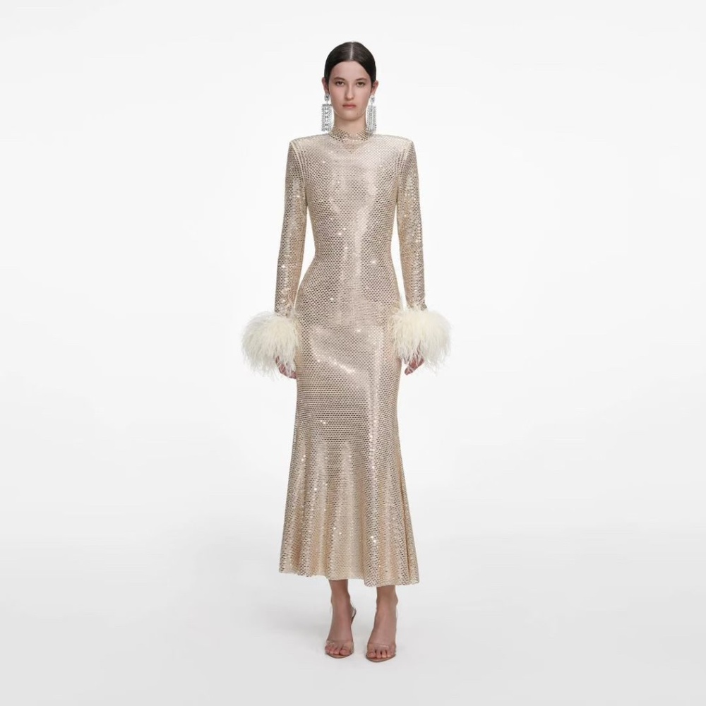 Self Portrait Champagne Rhinestone Feather Midi Dress